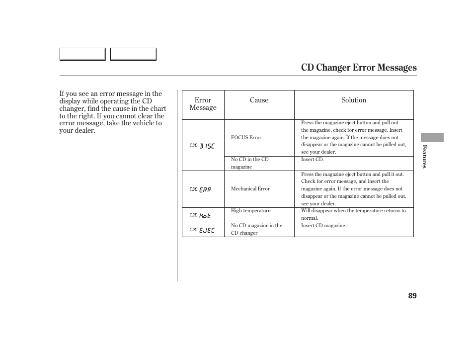 Cd changer error messages | HONDA 2005 Insight  - Owner's Manual User Manual | Page 90 / 218