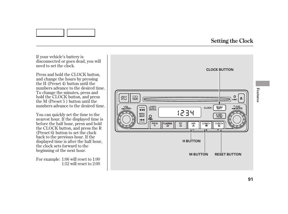 Setting the clock | HONDA 2005 Insight  - Owner's Manual User Manual | Page 92 / 218