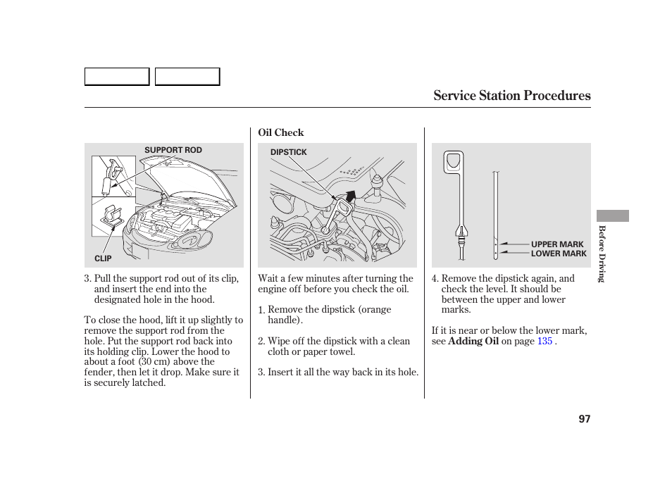 Service station procedures | HONDA 2005 Insight  - Owner's Manual User Manual | Page 98 / 218