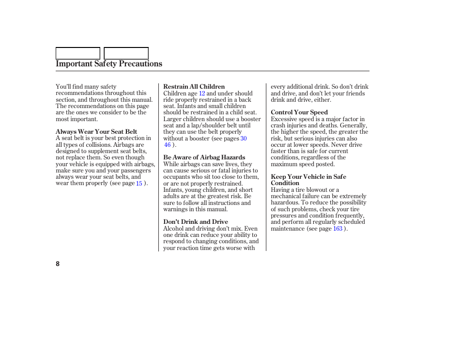 Important safety precautions | HONDA 2005 Element - Owner's Manual User Manual | Page 10 / 249