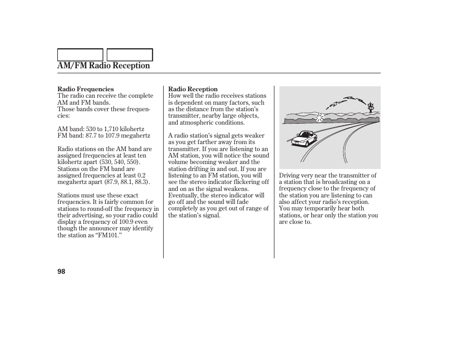 Am/fm radio reception | HONDA 2005 Element - Owner's Manual User Manual | Page 100 / 249