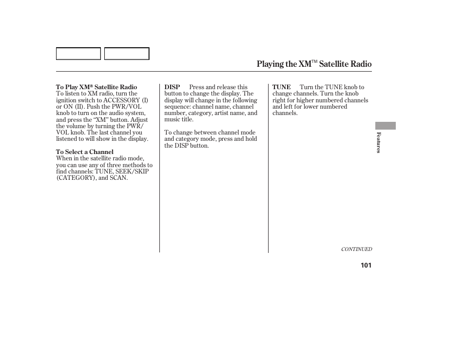 Playing the xm satellite radio | HONDA 2005 Element - Owner's Manual User Manual | Page 103 / 249