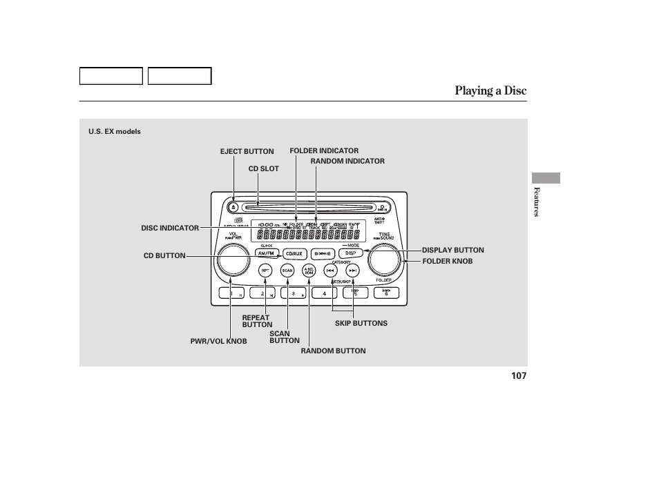 Playing a disc | HONDA 2005 Element - Owner's Manual User Manual | Page 109 / 249