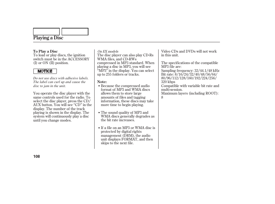 Playing a disc | HONDA 2005 Element - Owner's Manual User Manual | Page 110 / 249