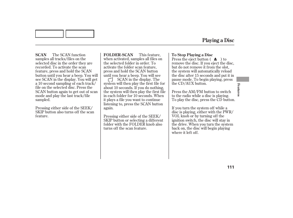 Playing a disc | HONDA 2005 Element - Owner's Manual User Manual | Page 113 / 249