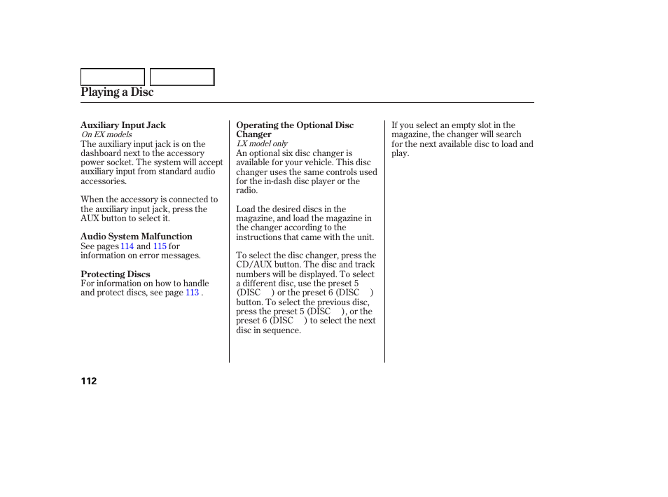 Playing a disc | HONDA 2005 Element - Owner's Manual User Manual | Page 114 / 249