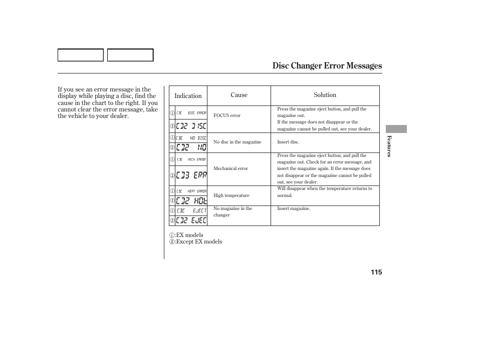 Disc changer error messages | HONDA 2005 Element - Owner's Manual User Manual | Page 117 / 249