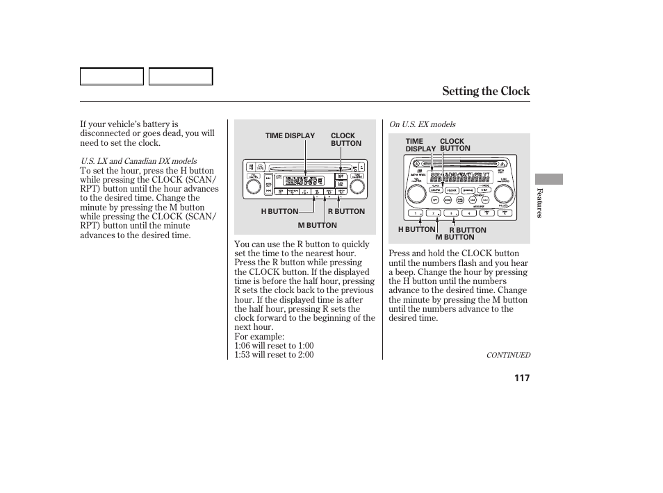 Setting the clock | HONDA 2005 Element - Owner's Manual User Manual | Page 119 / 249