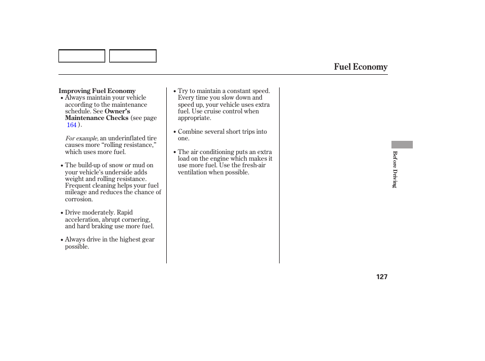 Fuel economy | HONDA 2005 Element - Owner's Manual User Manual | Page 129 / 249