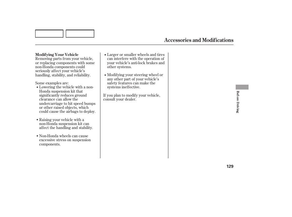 Accessories and modifications | HONDA 2005 Element - Owner's Manual User Manual | Page 131 / 249