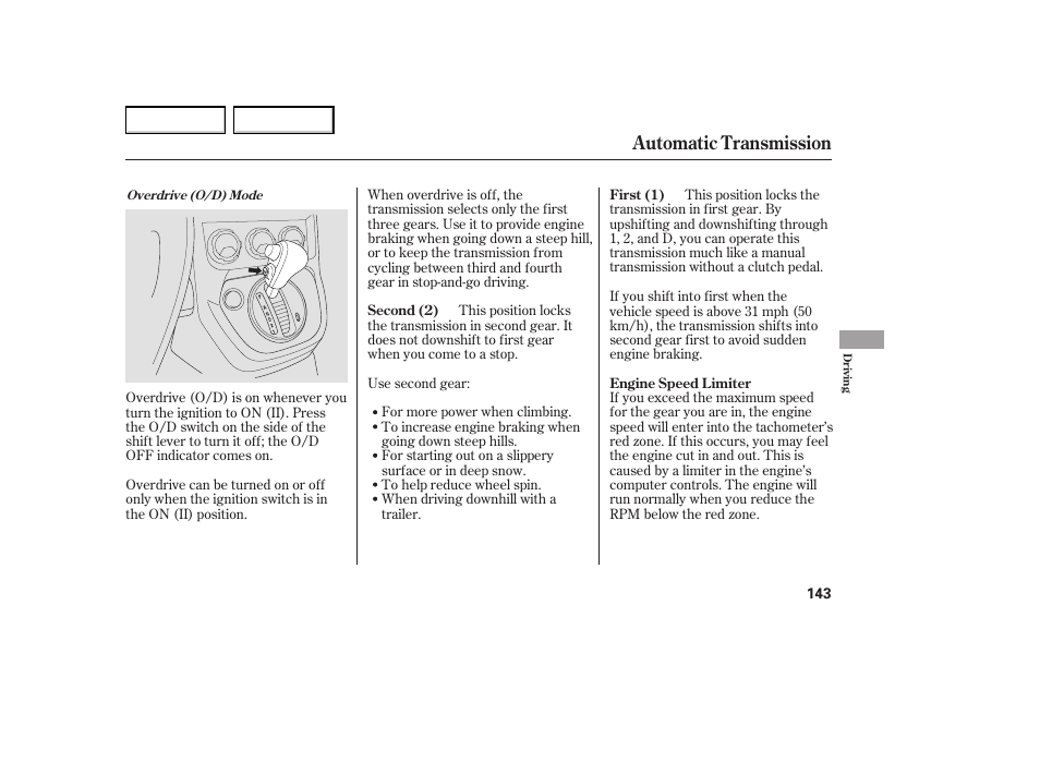 Automatic transmission | HONDA 2005 Element - Owner's Manual User Manual | Page 145 / 249