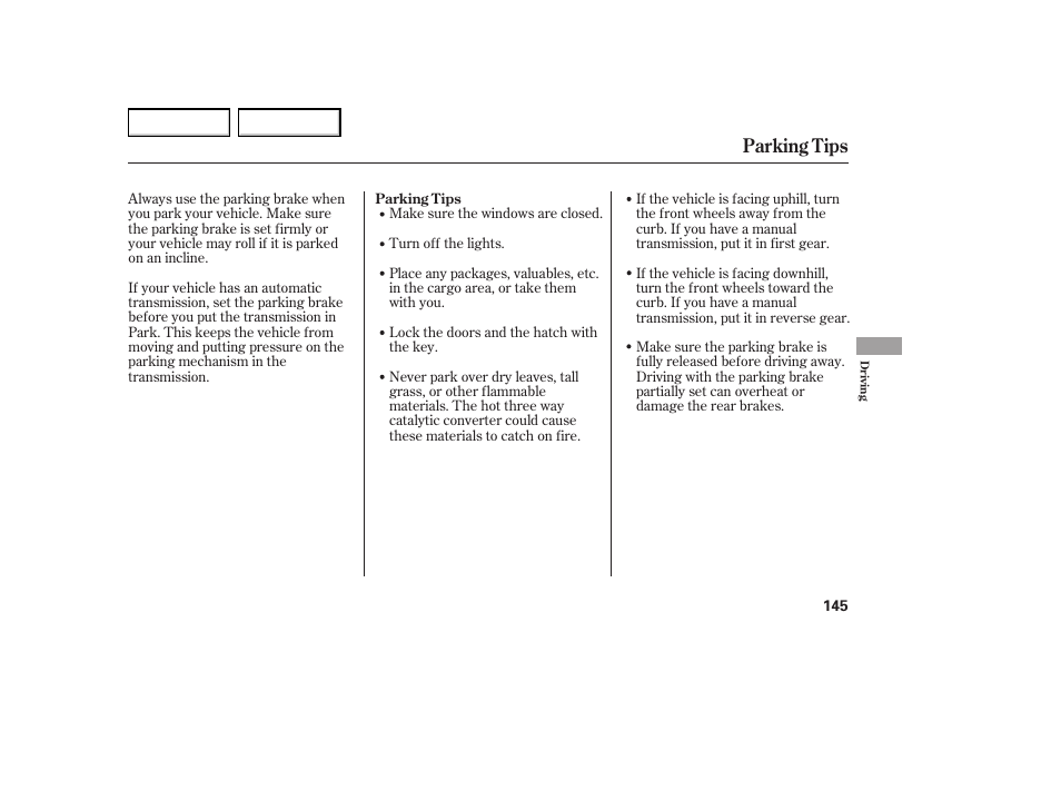 Parking tips | HONDA 2005 Element - Owner's Manual User Manual | Page 147 / 249