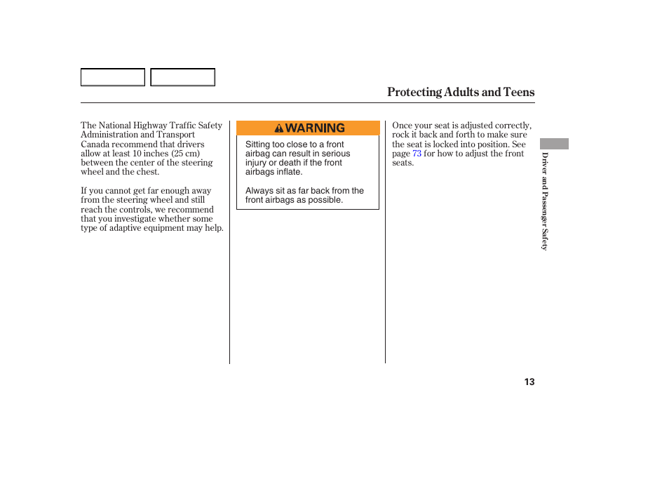 Protecting adults and teens | HONDA 2005 Element - Owner's Manual User Manual | Page 15 / 249