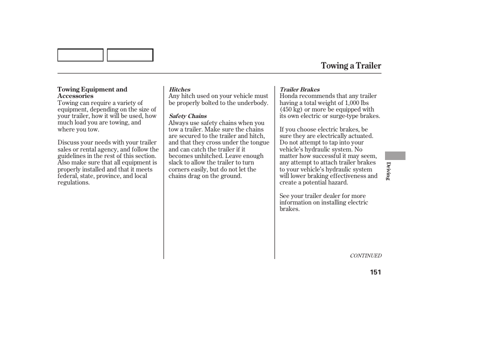 Towing a trailer | HONDA 2005 Element - Owner's Manual User Manual | Page 153 / 249