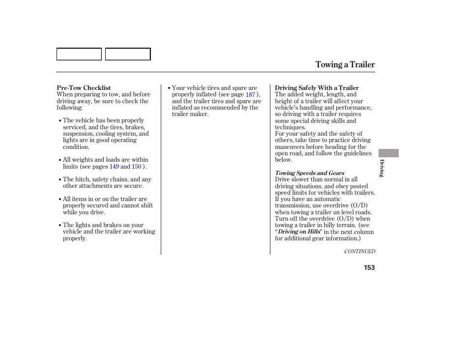 Towing a trailer | HONDA 2005 Element - Owner's Manual User Manual | Page 155 / 249