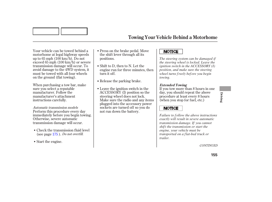 Towing your vehicle behind a motorhome | HONDA 2005 Element - Owner's Manual User Manual | Page 157 / 249