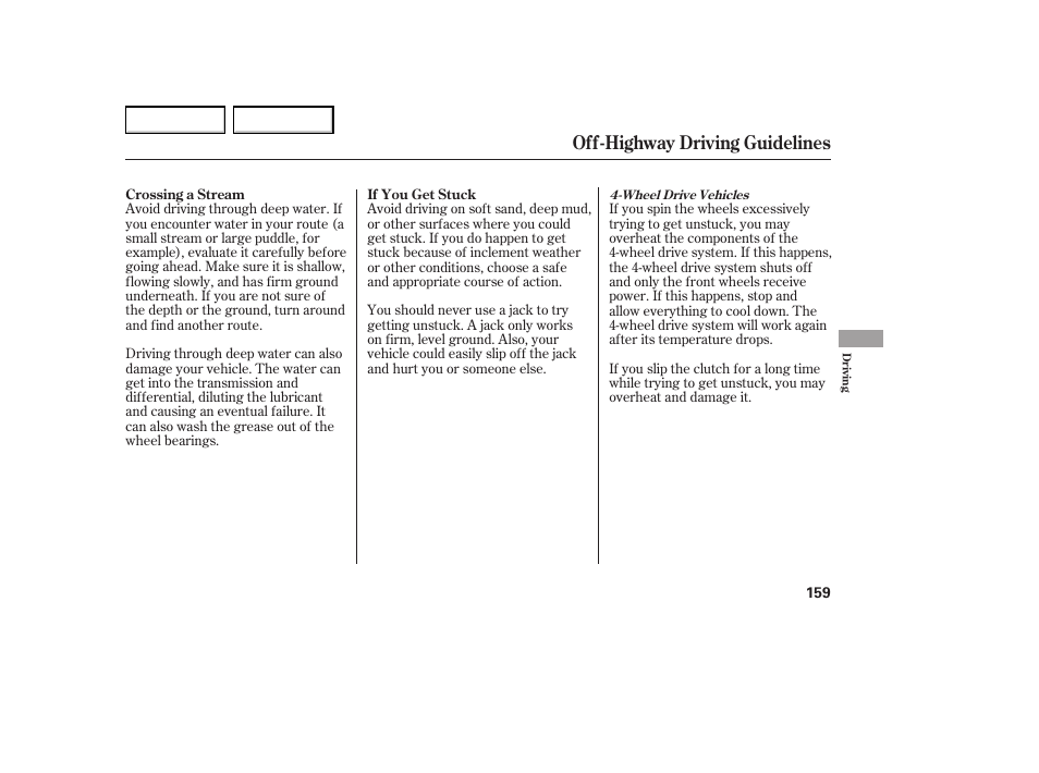 Off-highway driving guidelines | HONDA 2005 Element - Owner's Manual User Manual | Page 161 / 249