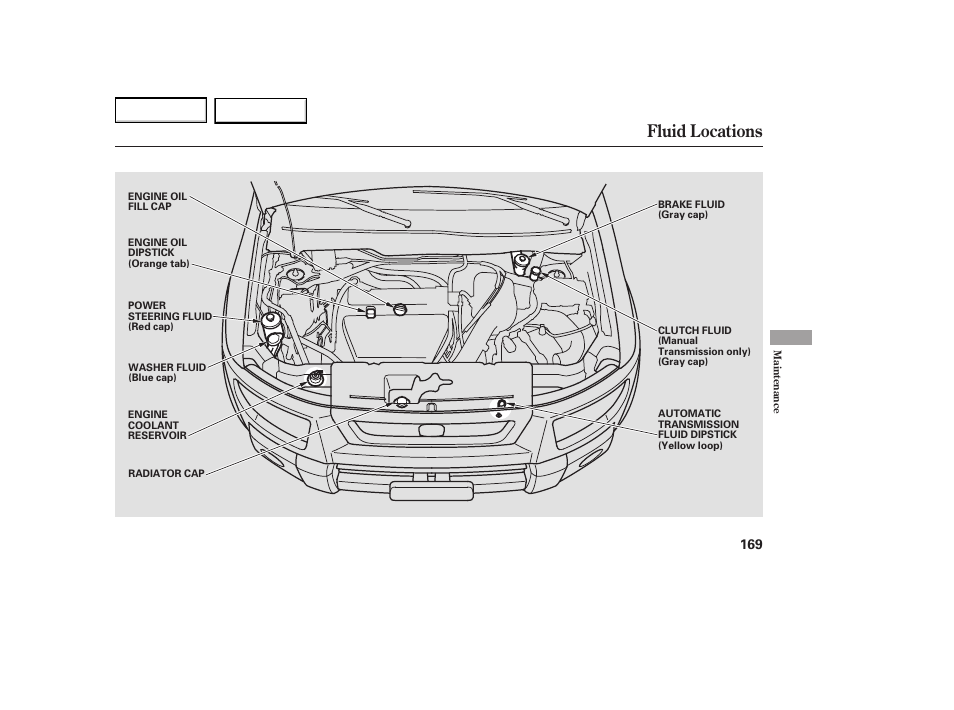 Fluid locations | HONDA 2005 Element - Owner's Manual User Manual | Page 171 / 249