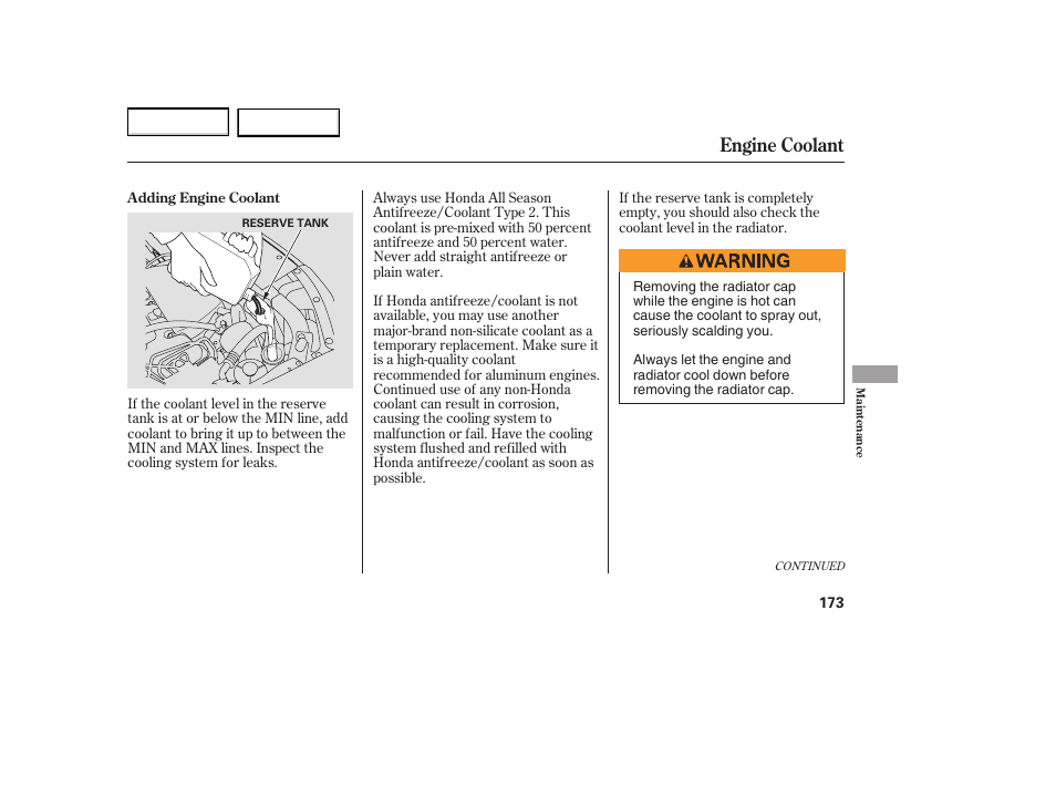 Engine coolant | HONDA 2005 Element - Owner's Manual User Manual | Page 175 / 249