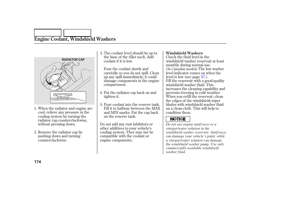 Engine coolant, windshield washers | HONDA 2005 Element - Owner's Manual User Manual | Page 176 / 249