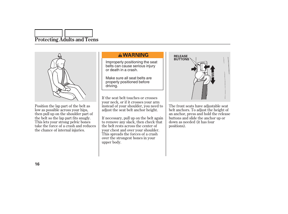 Protecting adults and teens | HONDA 2005 Element - Owner's Manual User Manual | Page 18 / 249