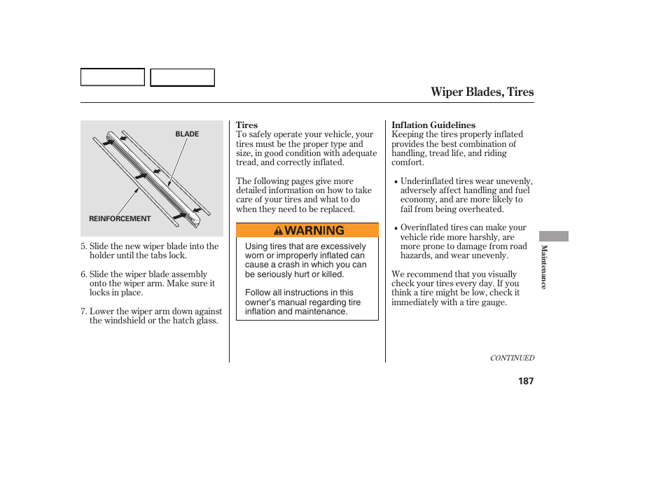 Wiper blades, tires | HONDA 2005 Element - Owner's Manual User Manual | Page 189 / 249