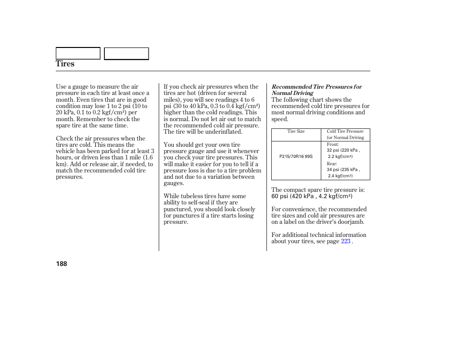 Tires | HONDA 2005 Element - Owner's Manual User Manual | Page 190 / 249