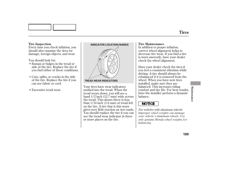 Tires | HONDA 2005 Element - Owner's Manual User Manual | Page 191 / 249