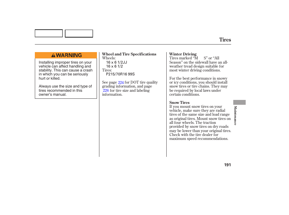 Tires | HONDA 2005 Element - Owner's Manual User Manual | Page 193 / 249