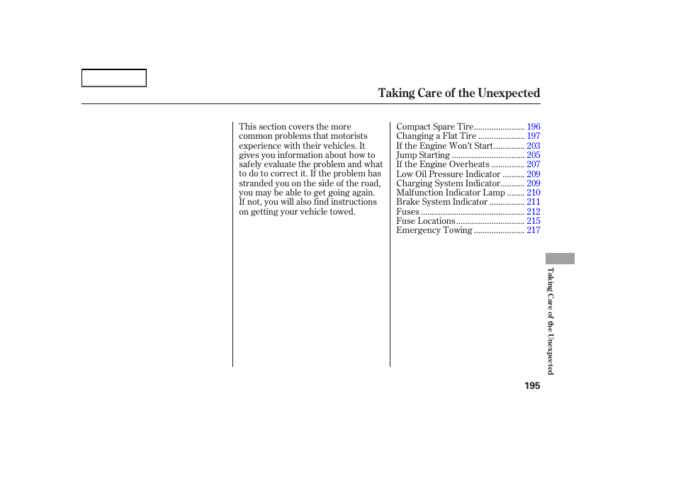 Taking care of the unexpected | HONDA 2005 Element - Owner's Manual User Manual | Page 197 / 249