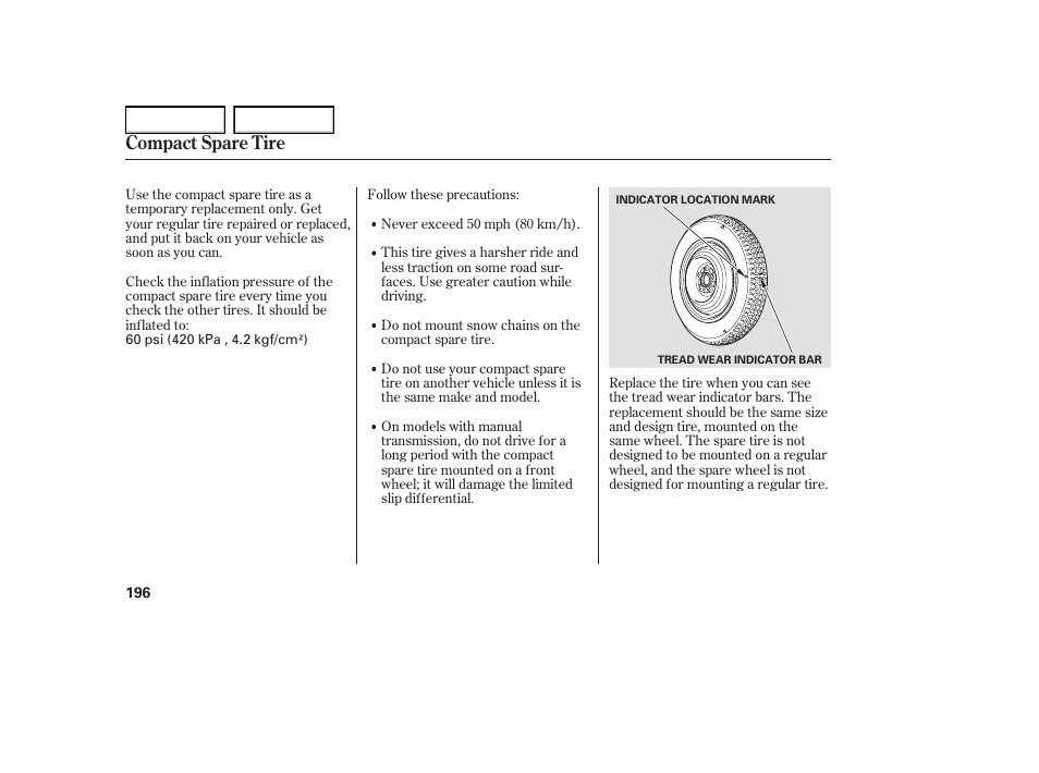 Compact spare tire | HONDA 2005 Element - Owner's Manual User Manual | Page 198 / 249