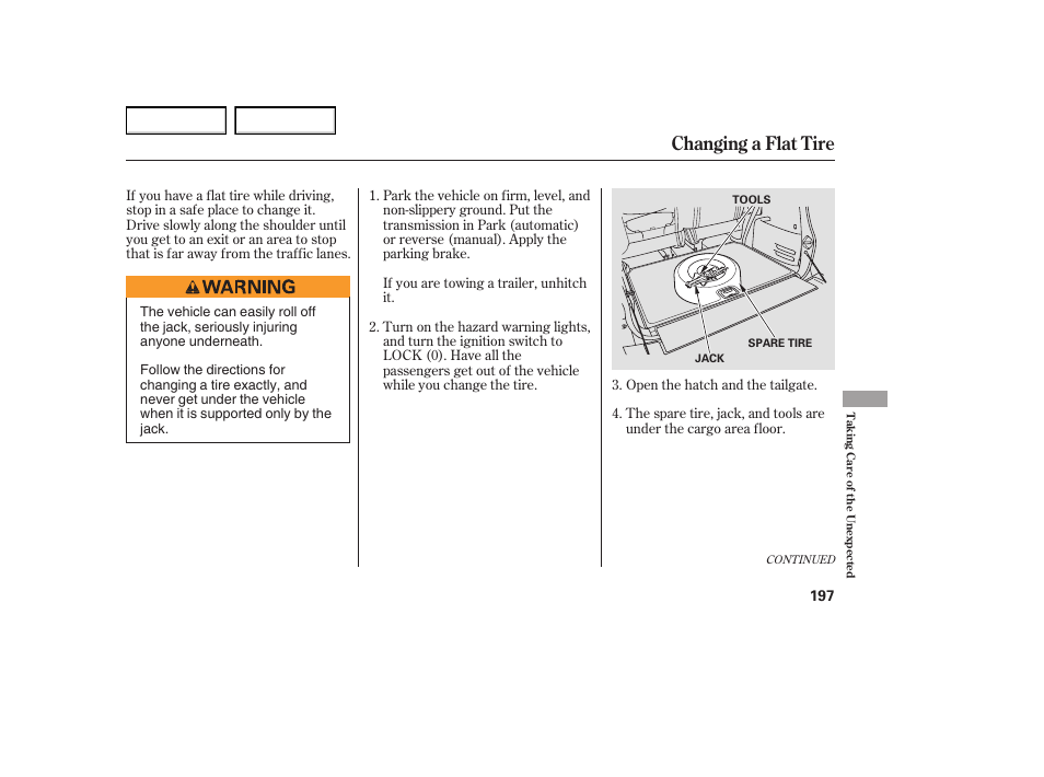 Changing a flat tire | HONDA 2005 Element - Owner's Manual User Manual | Page 199 / 249