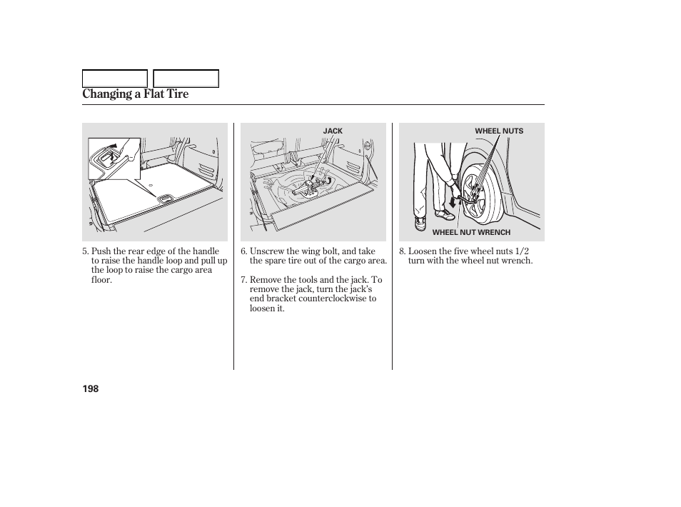 Changing a flat tire | HONDA 2005 Element - Owner's Manual User Manual | Page 200 / 249