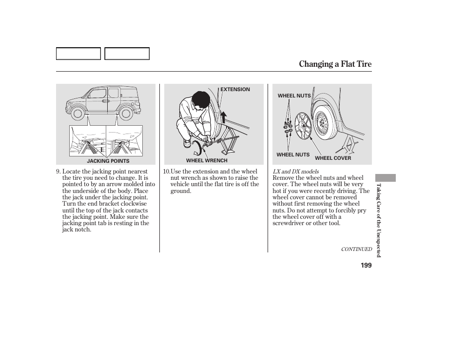 Changing a flat tire | HONDA 2005 Element - Owner's Manual User Manual | Page 201 / 249