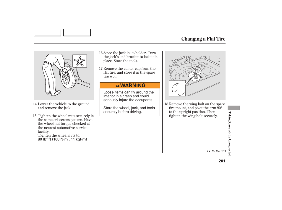 Changing a flat tire | HONDA 2005 Element - Owner's Manual User Manual | Page 203 / 249