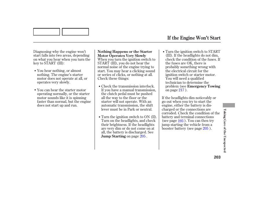 If the engine won’t start | HONDA 2005 Element - Owner's Manual User Manual | Page 205 / 249