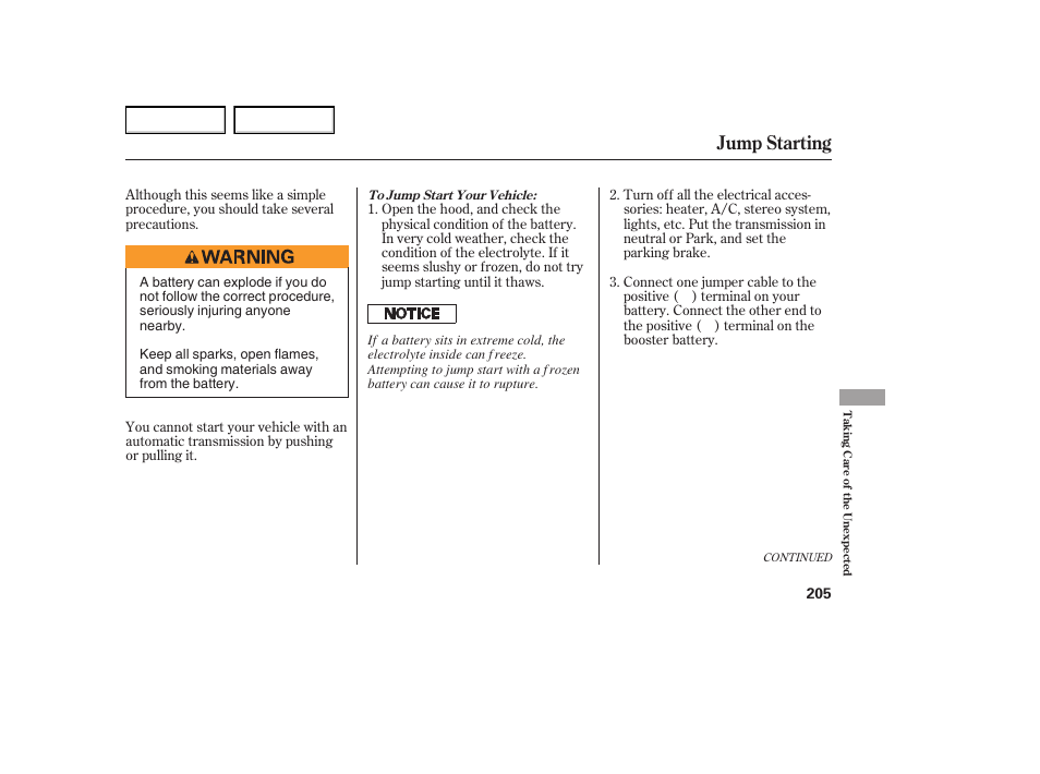 Jump starting | HONDA 2005 Element - Owner's Manual User Manual | Page 207 / 249