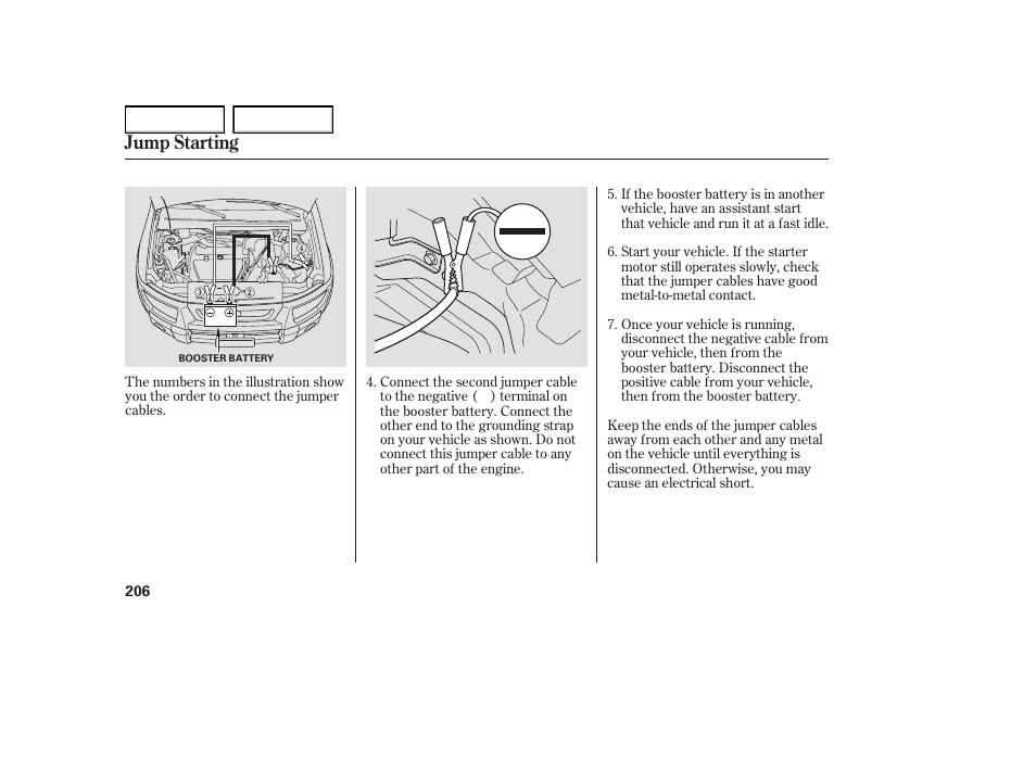 Jump starting | HONDA 2005 Element - Owner's Manual User Manual | Page 208 / 249