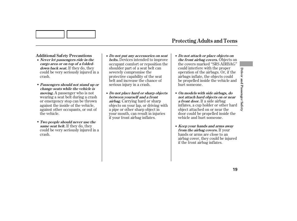 Protecting adults and teens | HONDA 2005 Element - Owner's Manual User Manual | Page 21 / 249