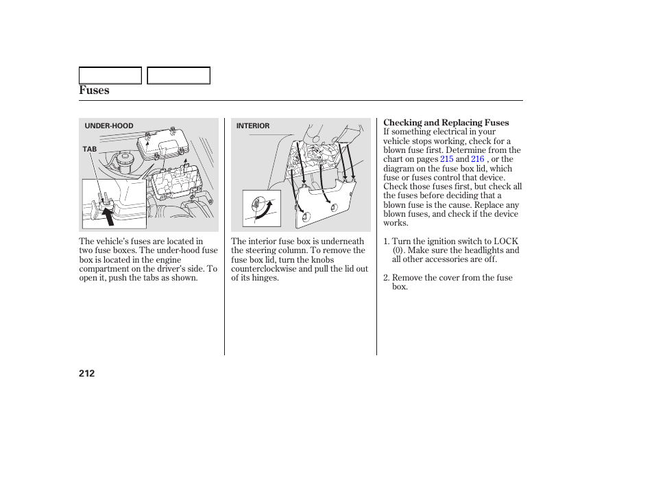Fuses | HONDA 2005 Element - Owner's Manual User Manual | Page 214 / 249