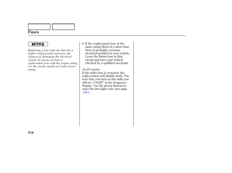 Fuses | HONDA 2005 Element - Owner's Manual User Manual | Page 216 / 249