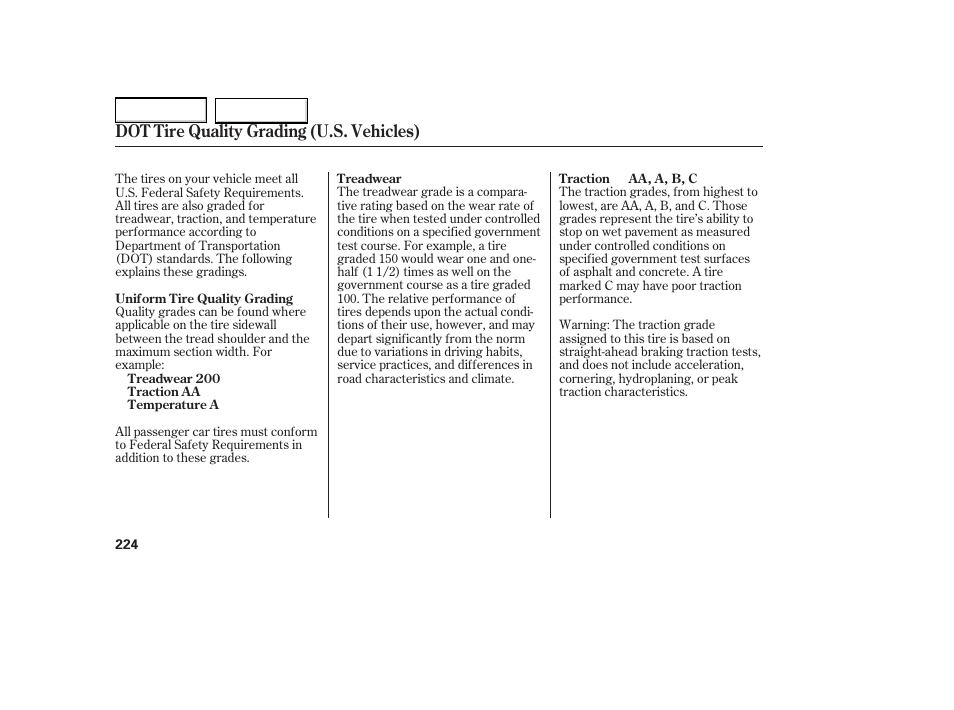 Dot tire quality grading (u.s. vehicles) | HONDA 2005 Element - Owner's Manual User Manual | Page 226 / 249