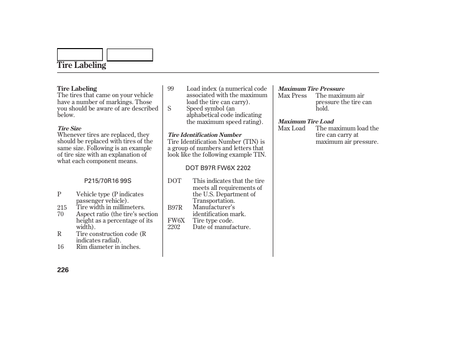 Tire labeling | HONDA 2005 Element - Owner's Manual User Manual | Page 228 / 249