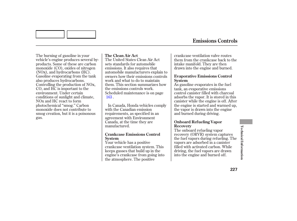 Emissions controls | HONDA 2005 Element - Owner's Manual User Manual | Page 229 / 249