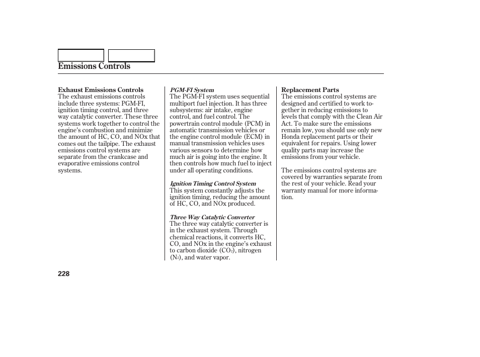 Emissions controls | HONDA 2005 Element - Owner's Manual User Manual | Page 230 / 249