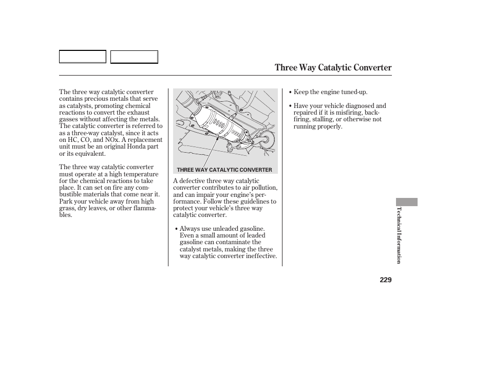 Three way catalytic converter | HONDA 2005 Element - Owner's Manual User Manual | Page 231 / 249