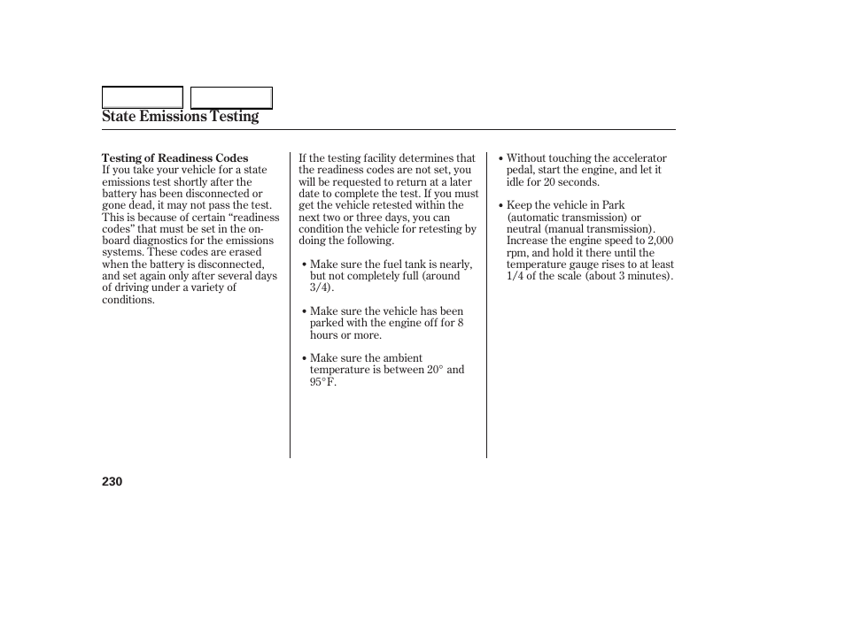 State emissions testing | HONDA 2005 Element - Owner's Manual User Manual | Page 232 / 249