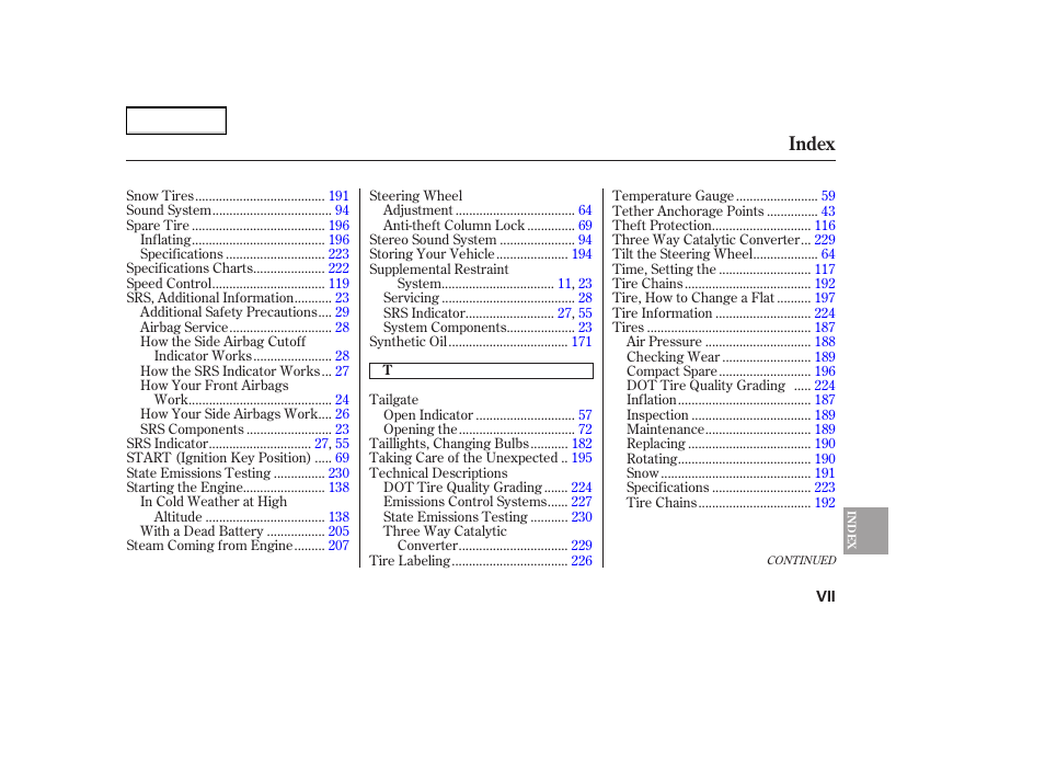 Index | HONDA 2005 Element - Owner's Manual User Manual | Page 247 / 249