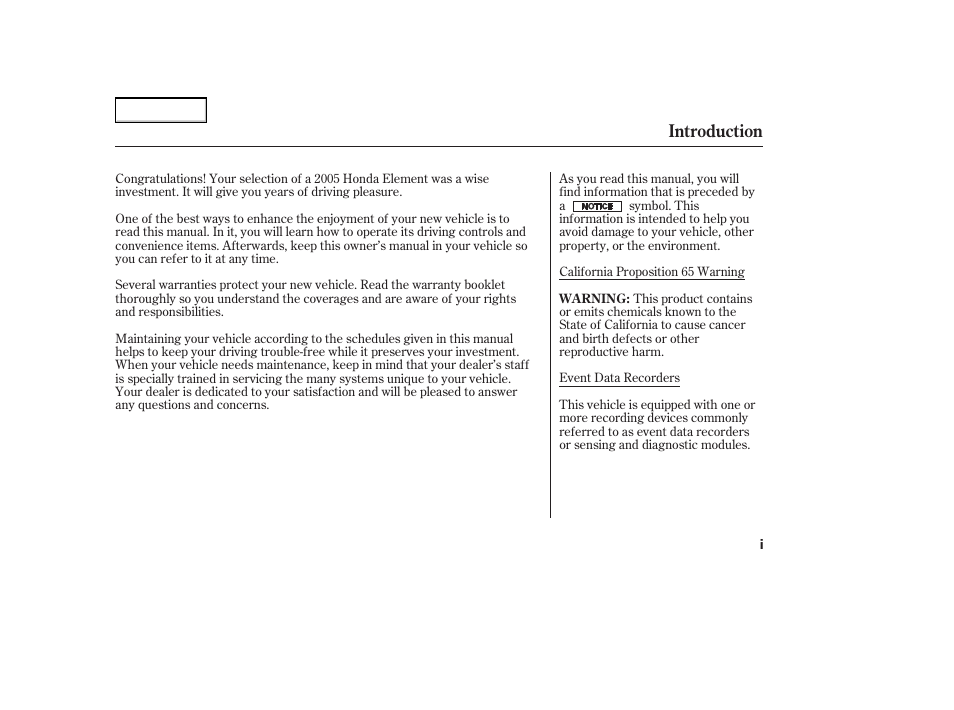 Introduction | HONDA 2005 Element - Owner's Manual User Manual | Page 3 / 249