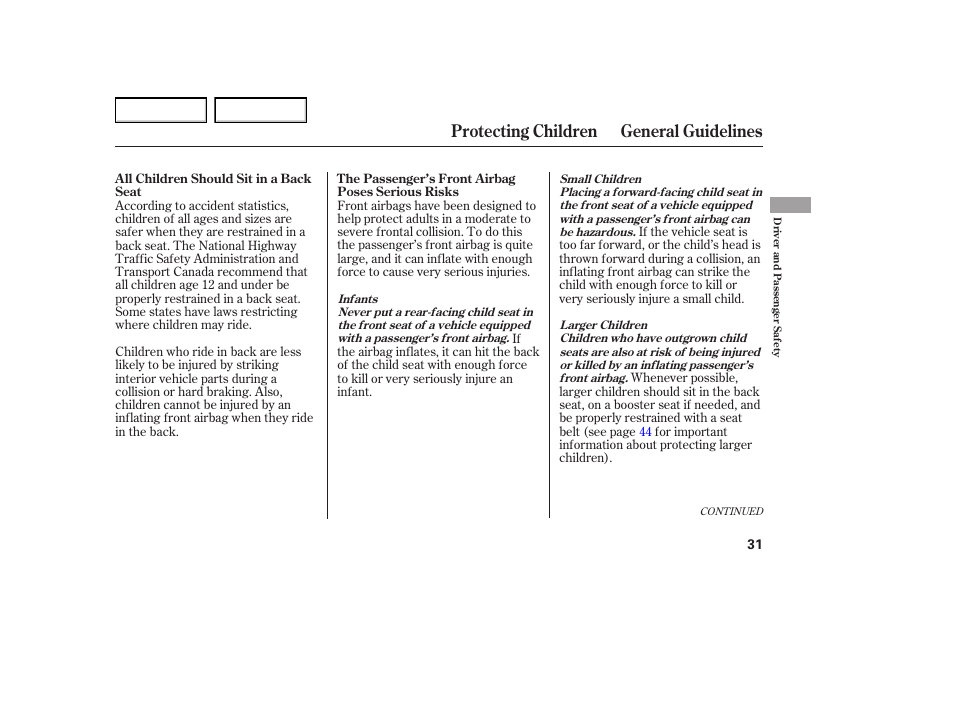 Protecting children general guidelines | HONDA 2005 Element - Owner's Manual User Manual | Page 33 / 249